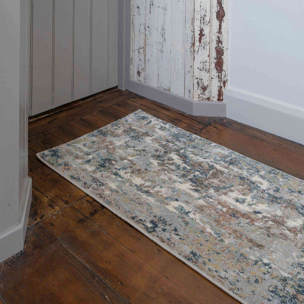 Soft Modern Blue Grey Painted Canvas Effect Hall Runner Rugs