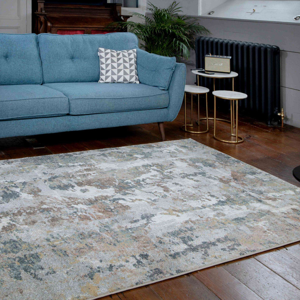 Soft Modern Blue Grey Painted Canvas Effect Hall Runner Rugs