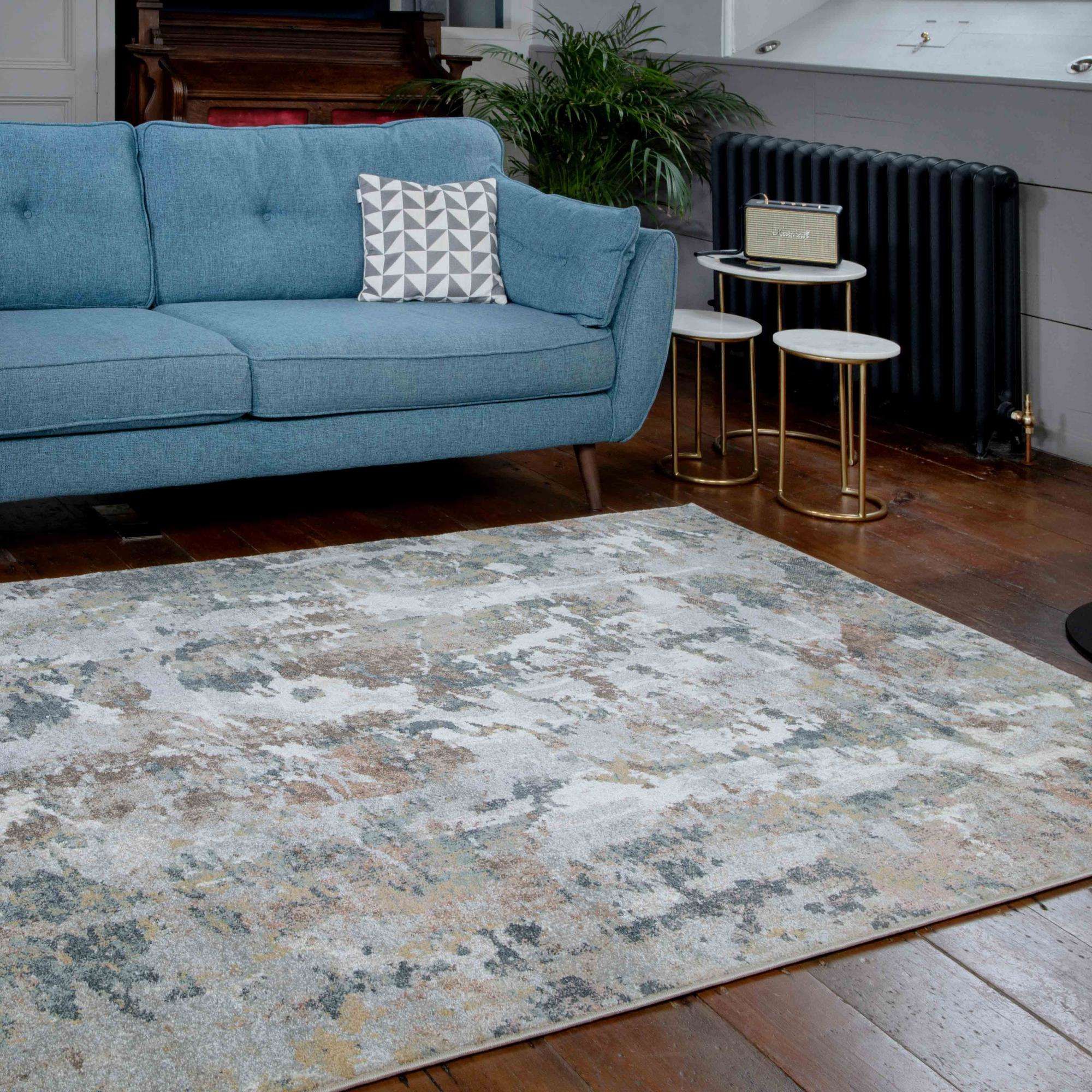 Soft Modern Blue Grey Painted Canvas Effect Hall Runner Rugs