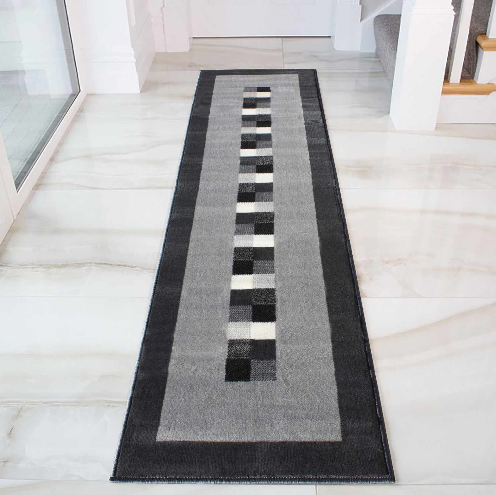 Geometric Bordered Black and Grey Rug