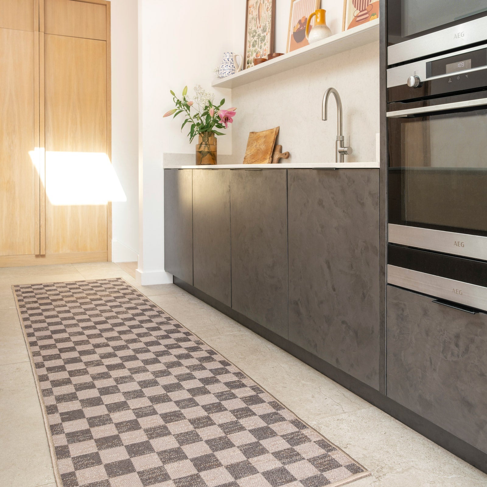 Washable Brown Checkerboard Jute Style Rug - Juno