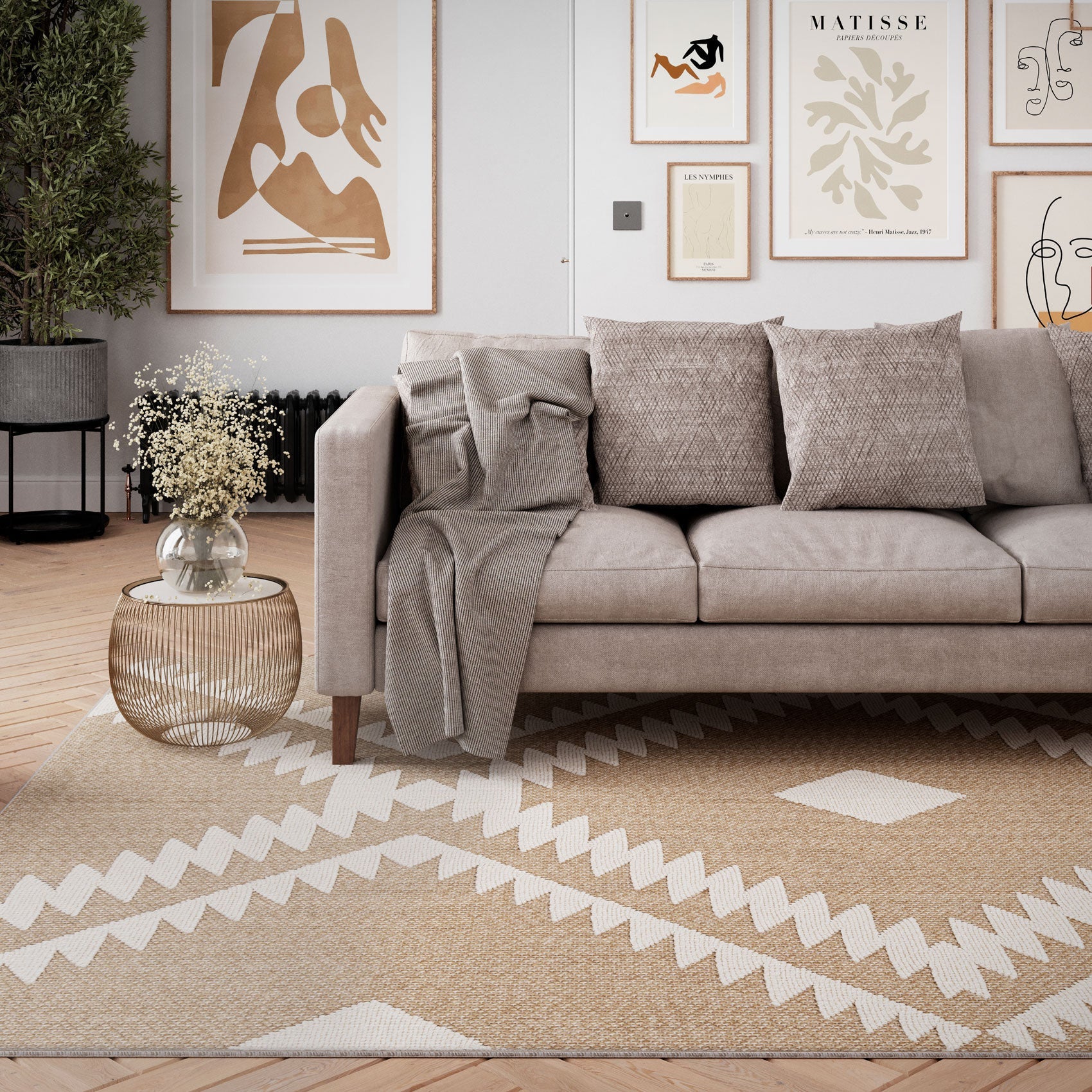 Beige Geometric Loop Pile Rug