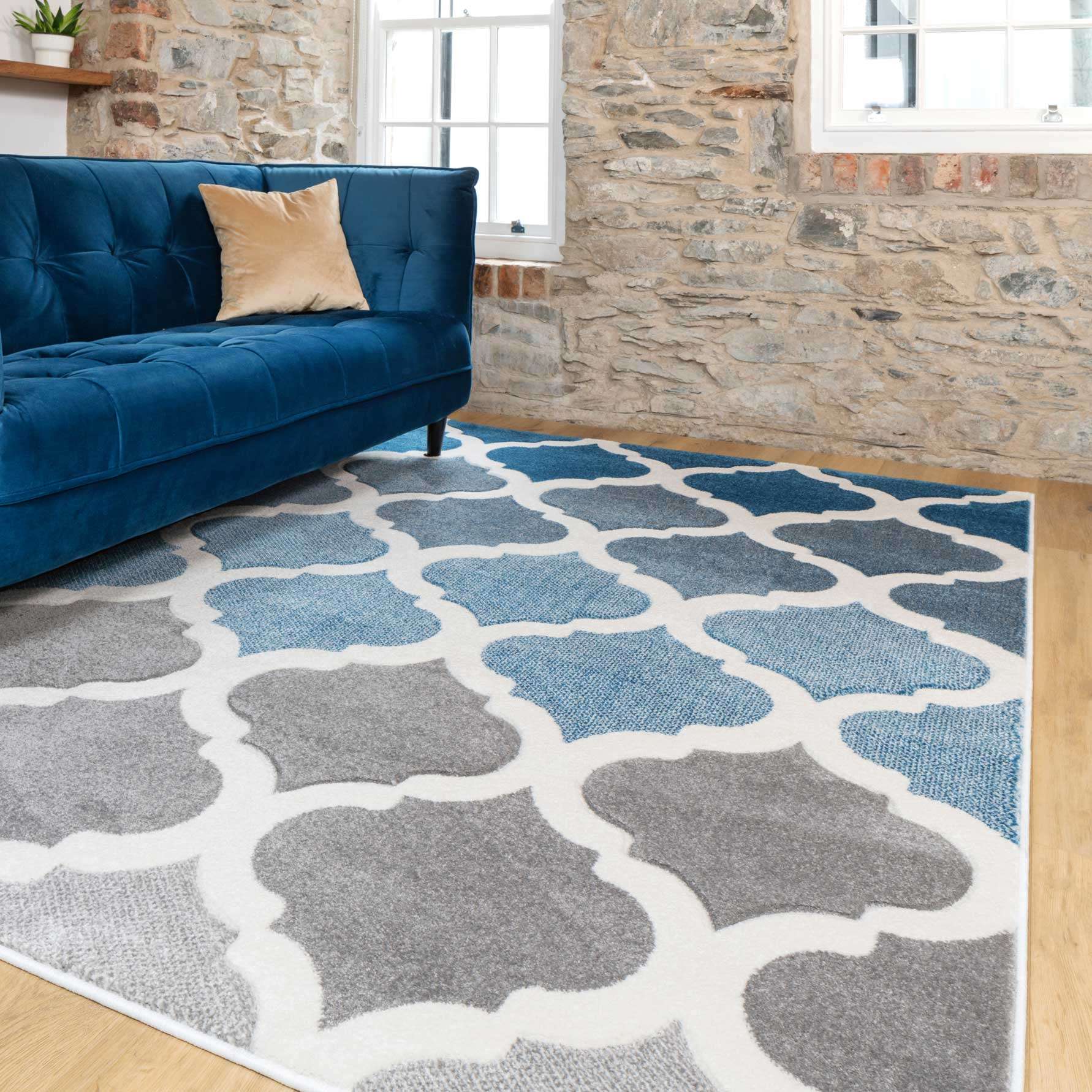 Fresh Trellis Blue Living Room Rug - Topaz