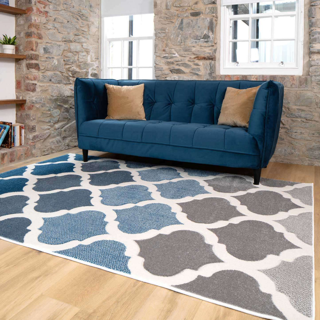 Fresh Trellis Blue Living Room Rug - Topaz