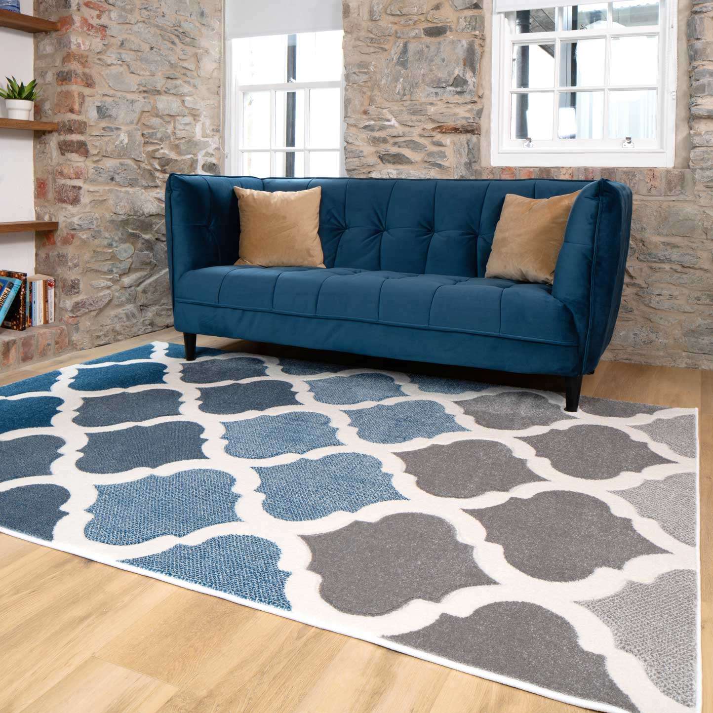 Fresh Trellis Blue Living Room Rug - Topaz