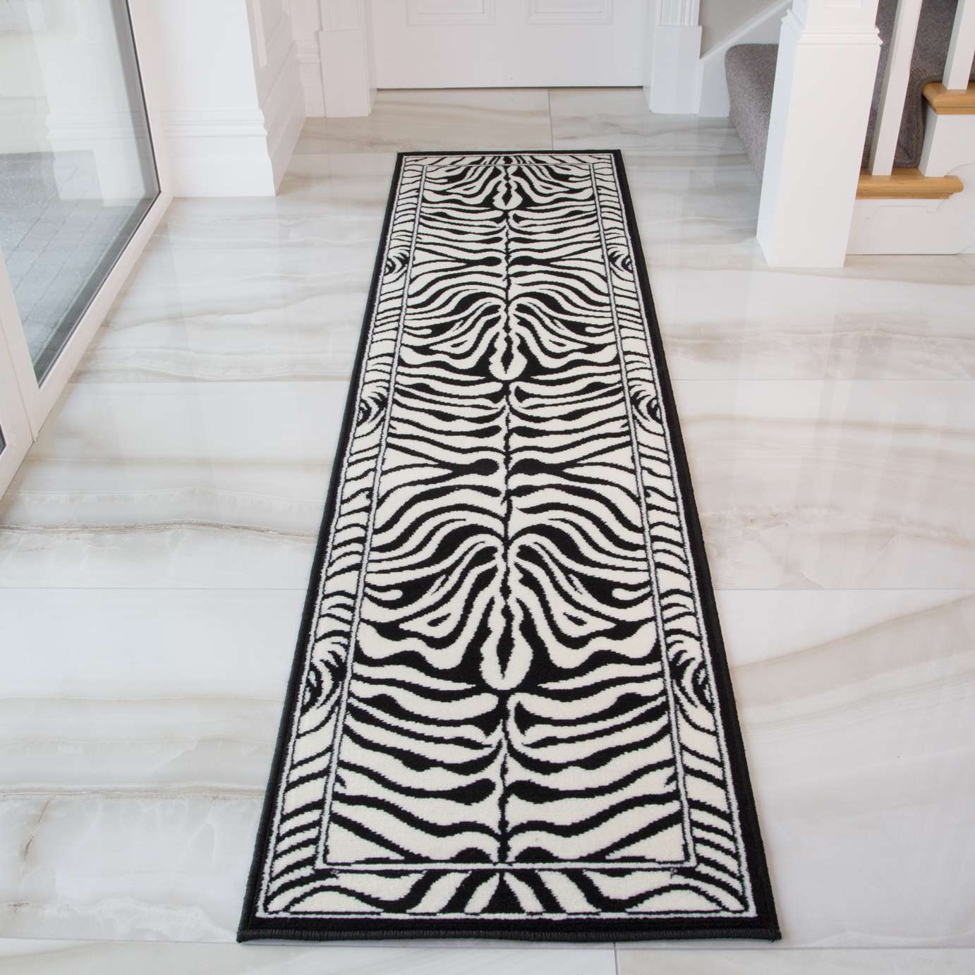Black White Animal Zebra Print Runner Rug